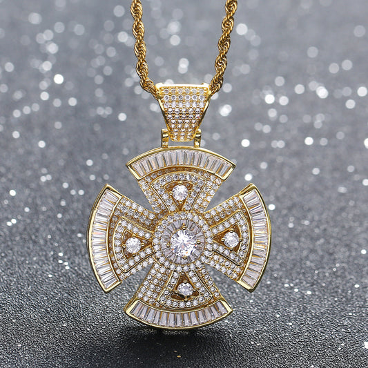 Hip Hop Light Luxury Cross Floral Geometric Copper Pendant Necklace for Men and Women