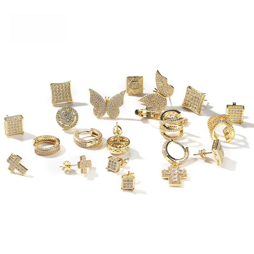 2026 Hip Hop Cubic Zirconia Stud Earrings & Ear Cuffs Set for Women and Men – Square, Cross, Star, Butterfly, Round Hoop Styles in Gold and Silver Tone