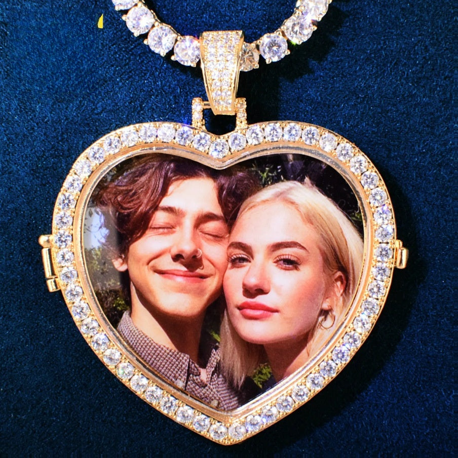 Unisex Iced Heart Photo Pendant Necklace