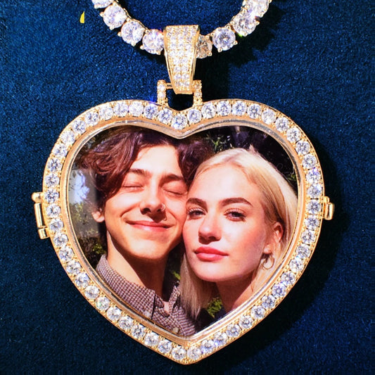 Unisex Iced Heart Photo Pendant Necklace