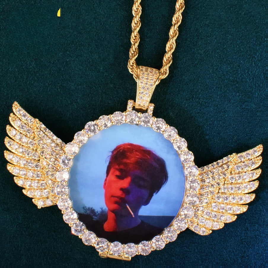Winged Photo Frame Hip Hop Pendant Necklace for Unisex