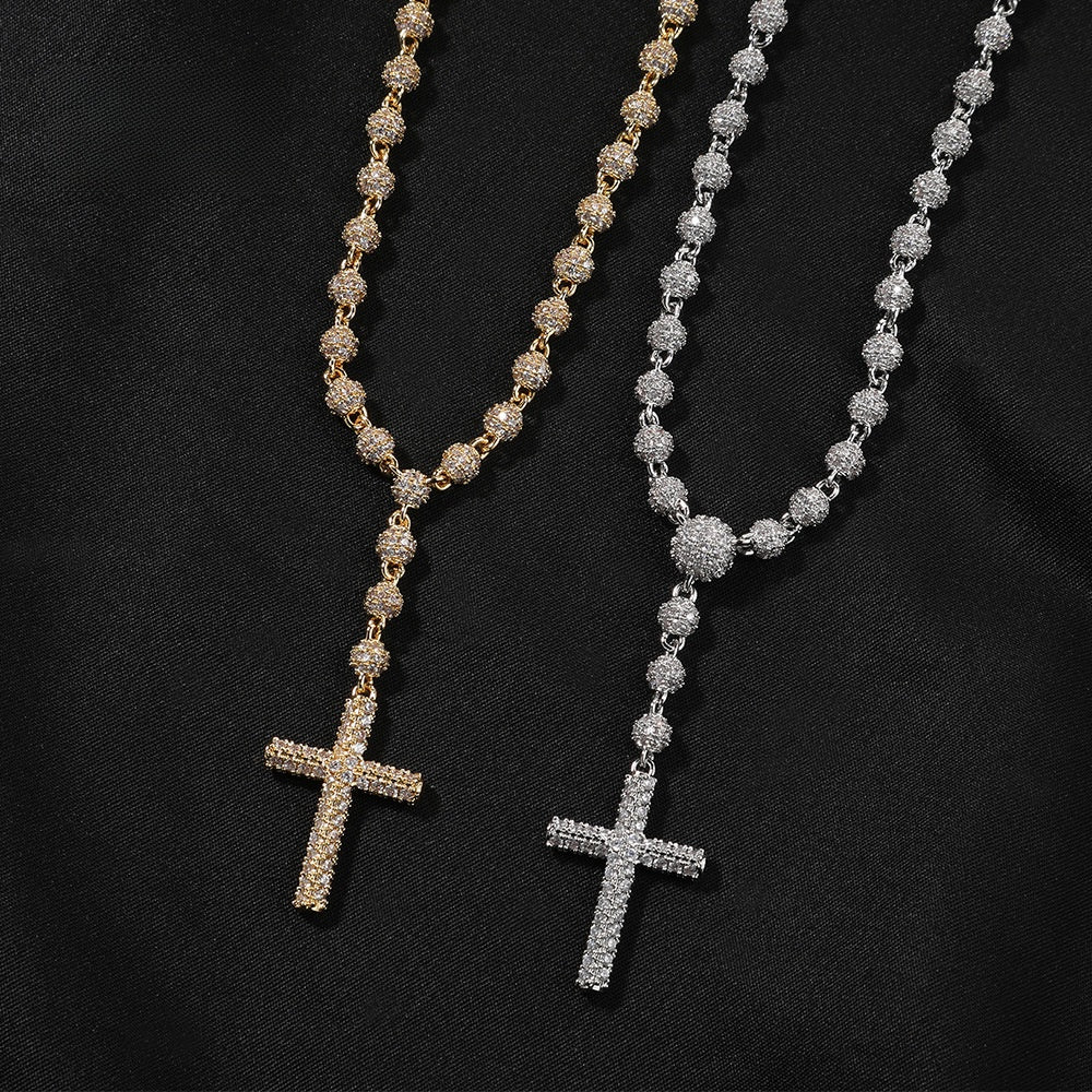 Iced Cross Pendant Necklace for Women – Gold or Silver Beaded Chain Statement Necklace 16in/18in