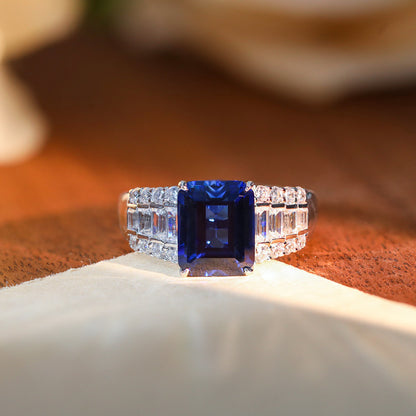 Lab-Grown Sapphire Ring for Women, Emerald Cut 4 Carat S925 Silver