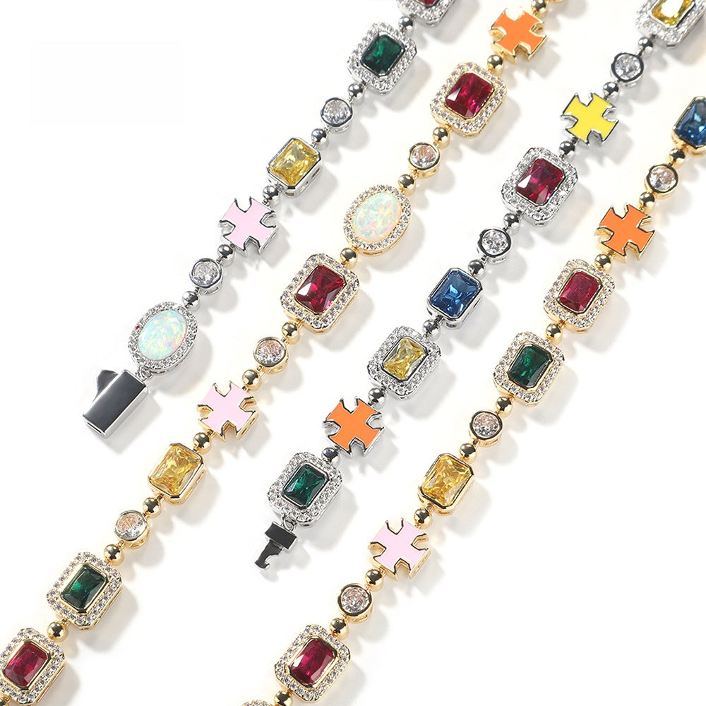Unisex Iced Cross Chain Necklace Bracelet Set in Gold or Silver Tone with Colorful Crystal Pendant Links