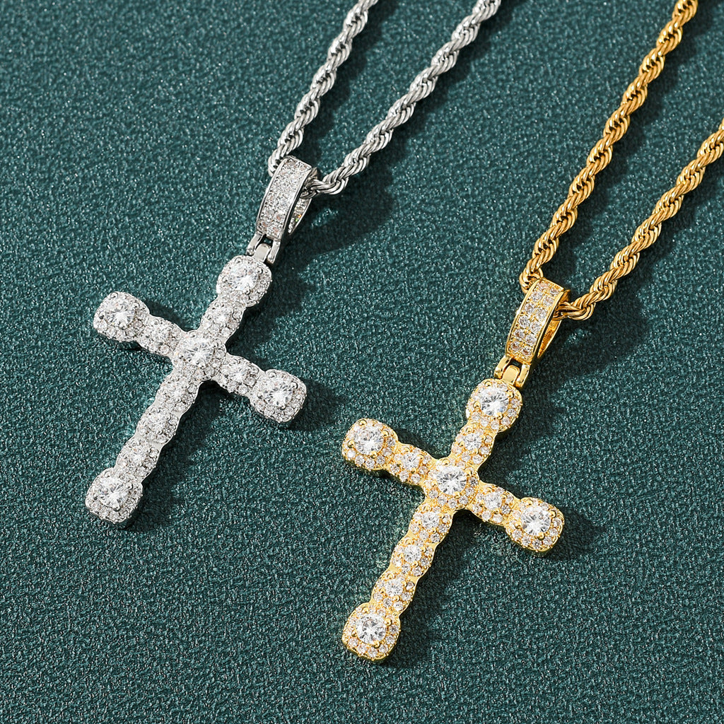 Light Luxury Cross Iced Link Cubic Zirconia Pendant Necklace for Men and Women