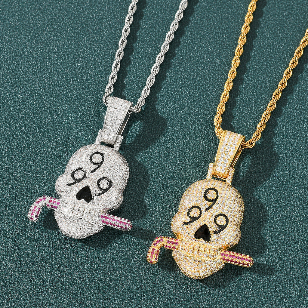 Hip Hop Skull Cubic Zirconia Pendant Necklace for Men and Women