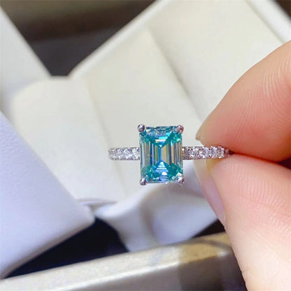 Green Emerald Cut Moissanite Ring for Women, Geometric U-Shape Pavé Band Promise Engagement Ring