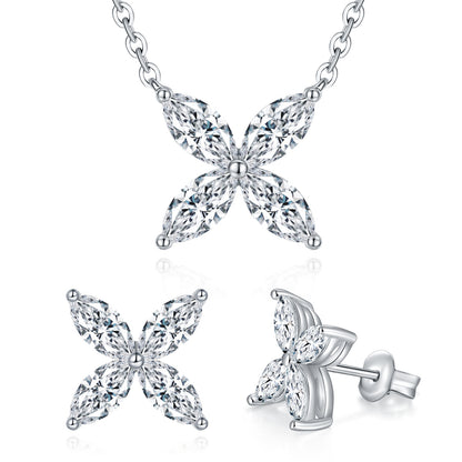 Four-Leaf Clover Moissanite Necklace & Stud Earrings Set, 18K Gold Plated