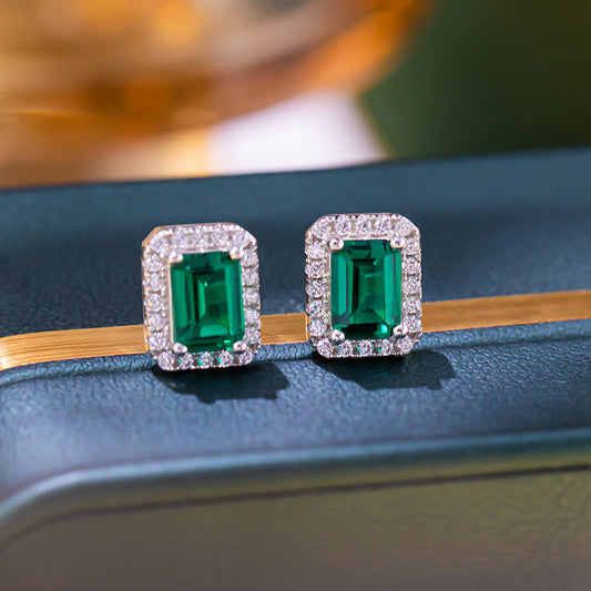 Lab-Grown Emerald Octagon Halo Stud Earrings for Women, S925 Silver product image