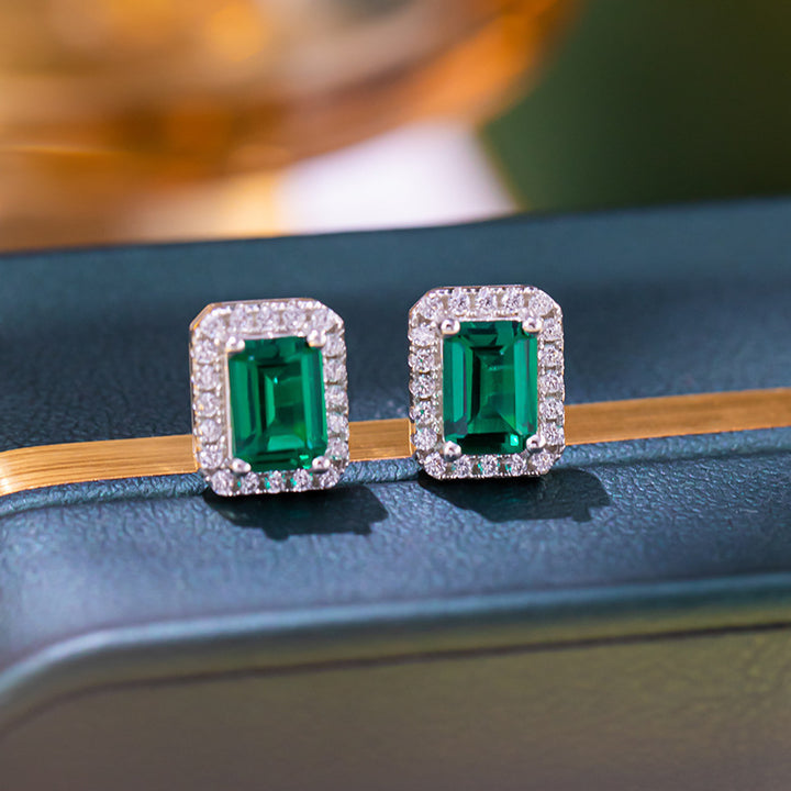 Green Octagon Halo Stud Earrings