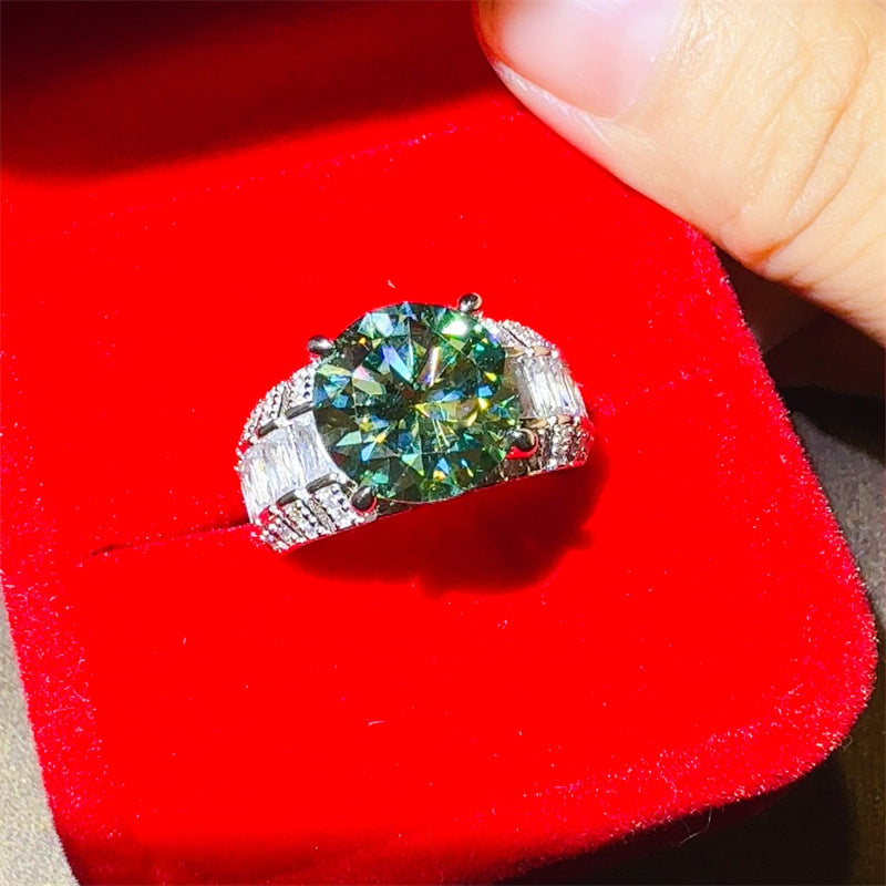 5 Carat Green Moissanite Ring for Women, Round Halo Engagement Ring with Baguette Side Stones, Floral-Inspired Promise Wedding Ring product image