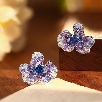 Irregular Flower Stud Earrings, Blue Crystal, S925 18K Plated