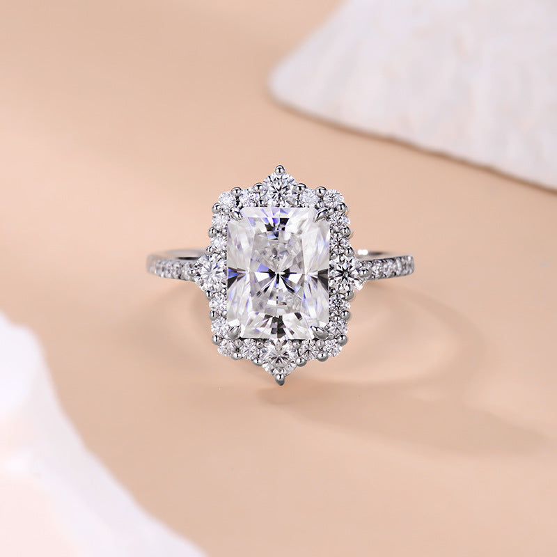 Radiant Cut Moissanite Halo Ring, 8x10 925 Sterling Silver Engagement Ring product image