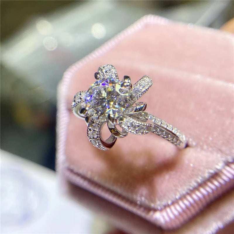 Floral Moissanite Ring for Women, Halo Engagement Ring Style, Lotus Flower Statement Ring product image