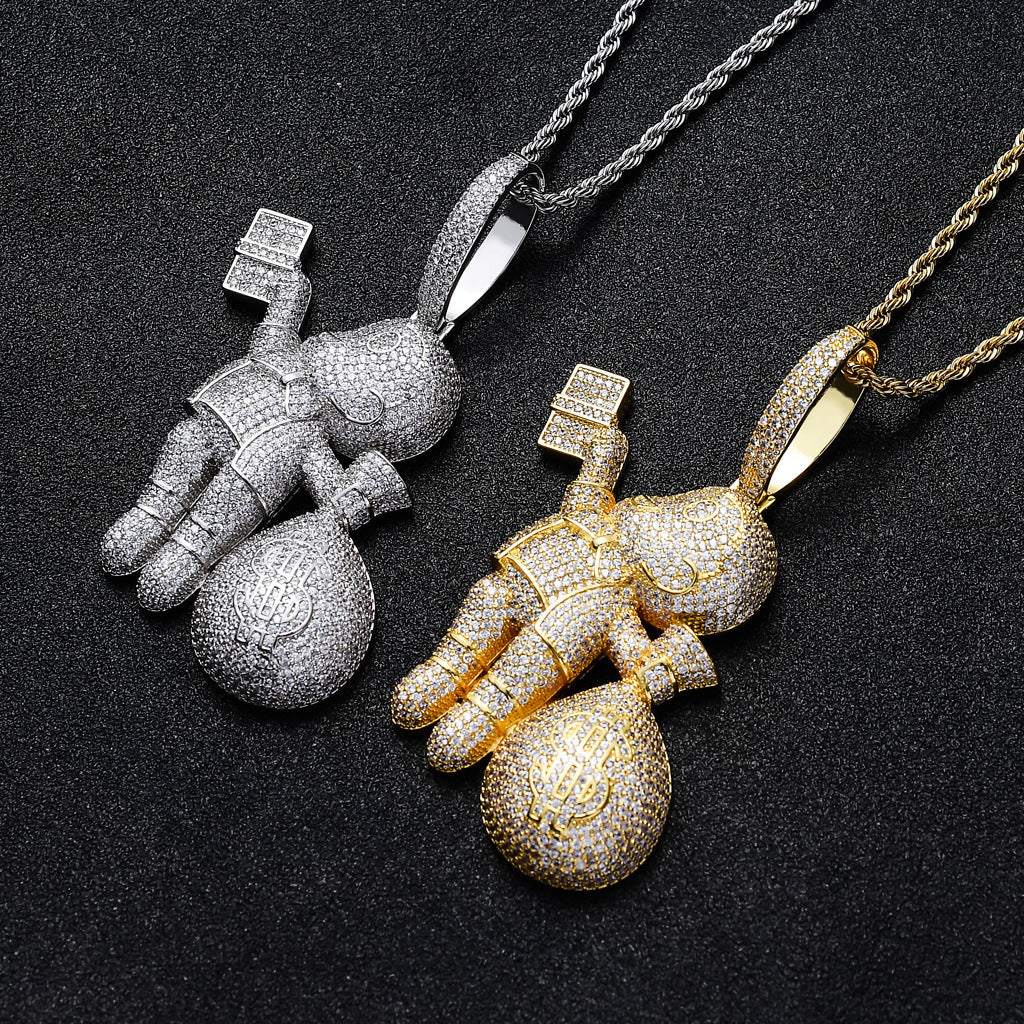Hip Hop Dollar Money Bag Cubic Zirconia Pendant Necklace for Men and Women