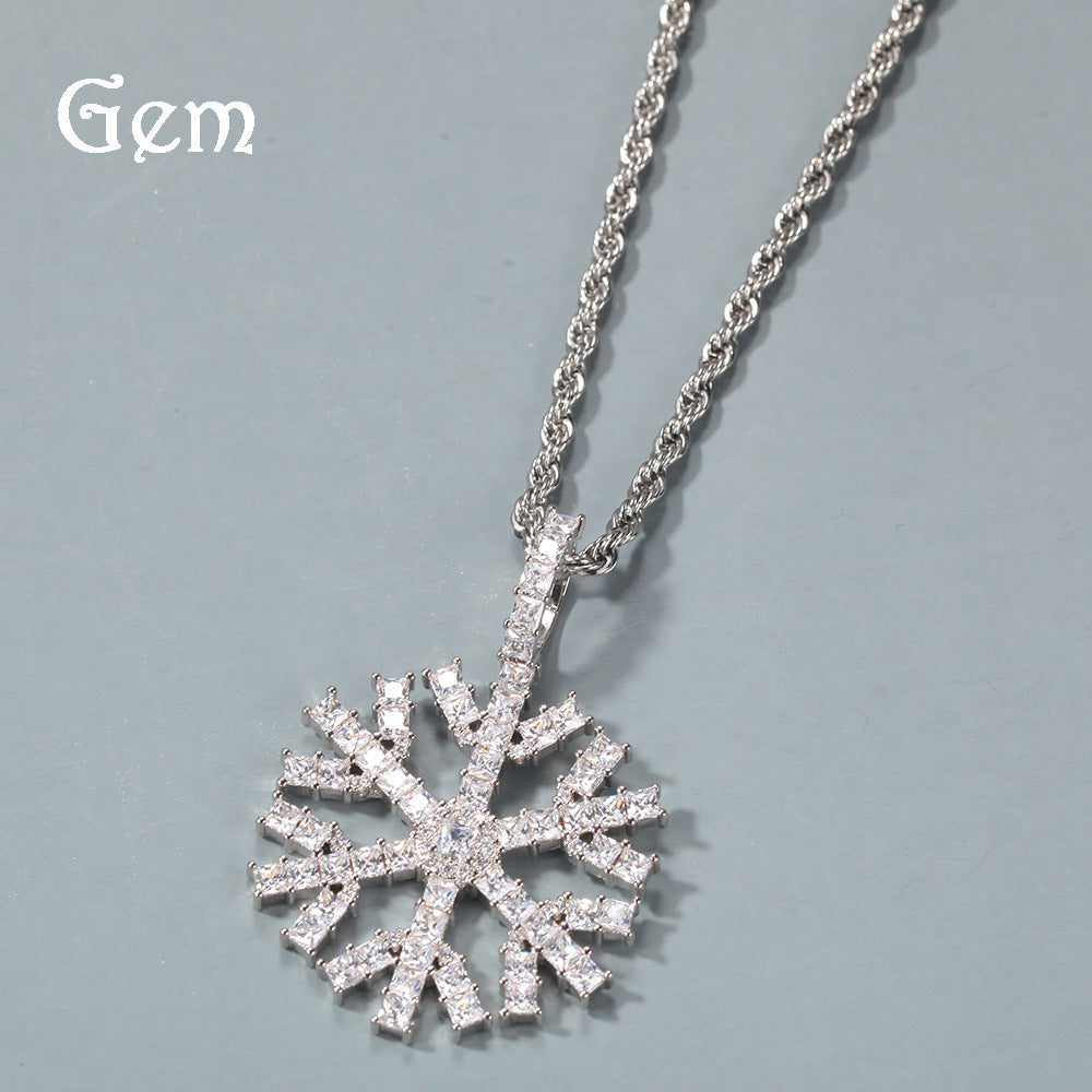 Iced Out Snowflake Pendant Necklace with Cubic Zirconia Chain for Women and Men