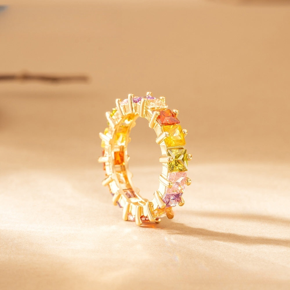 Rainbow Princess Cut Eternity Statement Ring for Women Trendy Party Jewelry