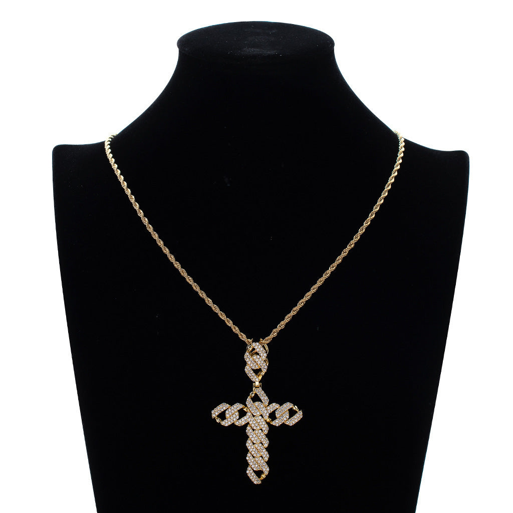 Hip Hop Cross Diamond Shape Cubic Zirconia Pendant Necklace for Men and Women