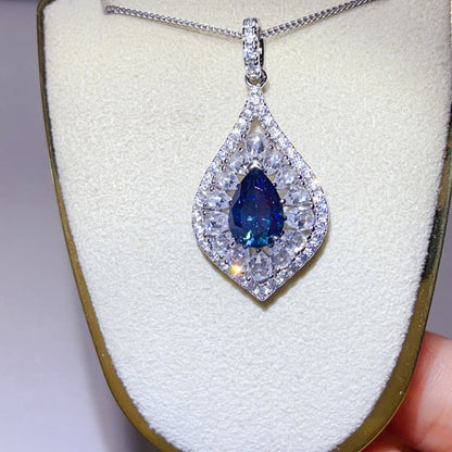 Pear Cut Moissanite Halo Pendant Necklace for Women, Teardrop Pavé Statement Necklace, Pink Center Stone Jewelry Gift