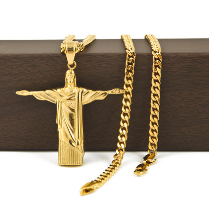Gold Plated Stainless Steel Statue Pendant Necklace with 5mm Cuban Chain for Men