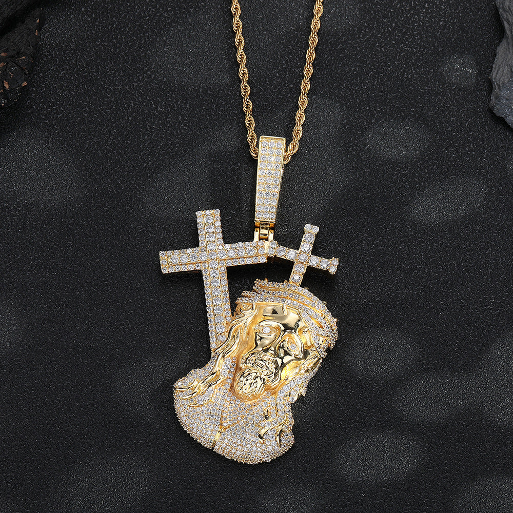 Hip Hop Cross Face Pendant Necklace, Micro-Set Copper Figure, 3MM Twist Chain product image