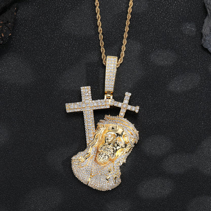Hip Hop Cross Face Pendant Necklace, Micro-Set Copper Figure, 3MM Twist Chain