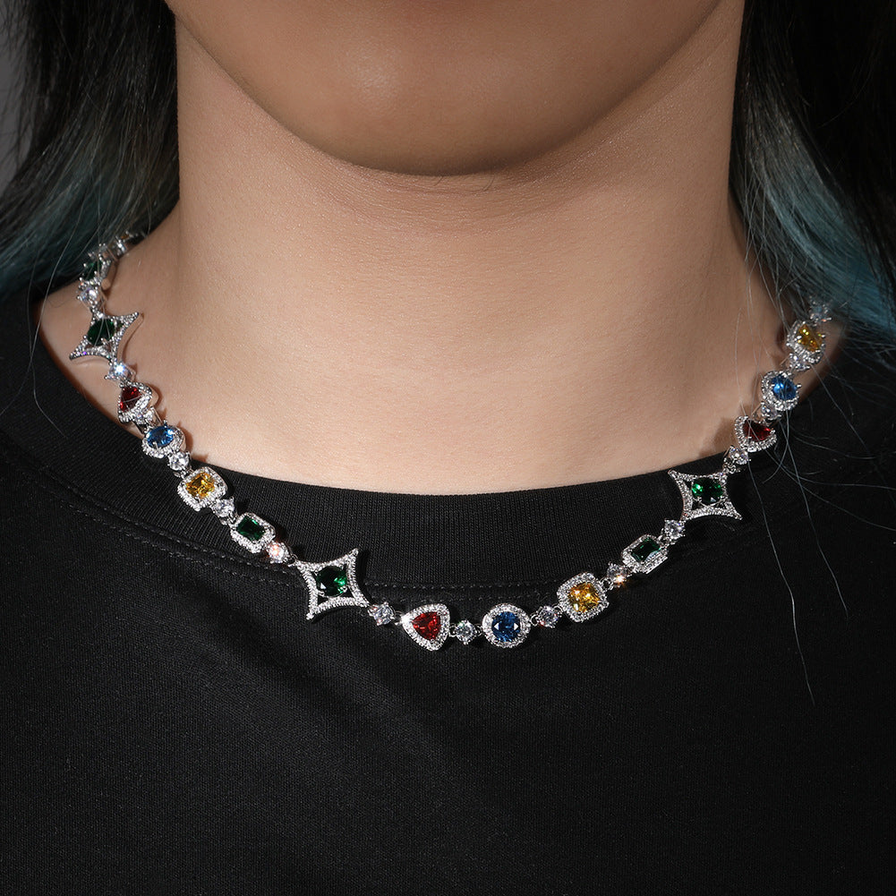 Geometric Color Crystal Necklace Bracelet for Women - Gold Plated & Silver Plated Square Pendant Chain Jewelry