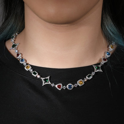 Geometric Color Crystal Necklace Bracelet for Women - Gold Plated & Silver Plated Square Pendant Chain Jewelry