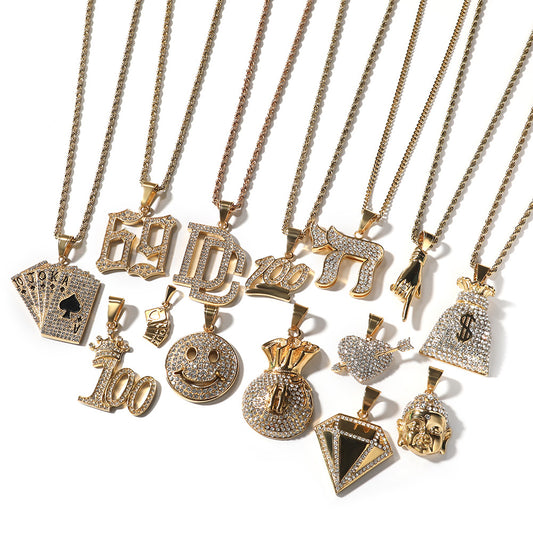 Iced Hip Hop Stainless Steel Pendant Necklace with Cuban or Twist Chain, Statement Letter & Icon Charm Necklace for Women and Men