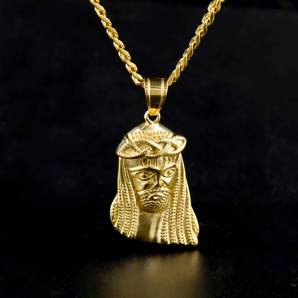 Gold-Tone Stainless Steel Jesus Face Pendant Necklace for Men with 5mm Cuban Chain