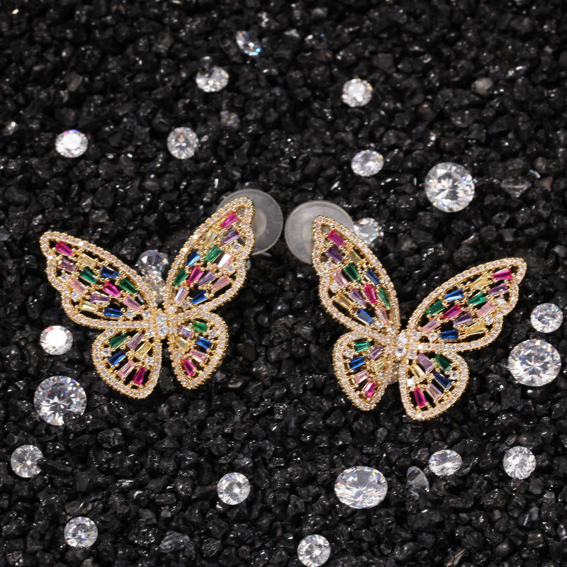 Pink Butterfly Cubic Zirconia Stud Earrings for Women - Rose Gold Tone Copper Statement Earrings product image