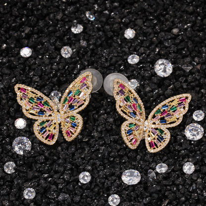 Pink Butterfly Cubic Zirconia Stud Earrings for Women - Rose Gold Tone Copper Statement Earrings