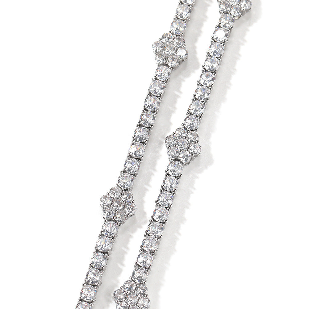 Unisex Iced Out Cubic Zirconia Flower Chain Bracelet & Necklace Set in Gold or Silver Tone product image