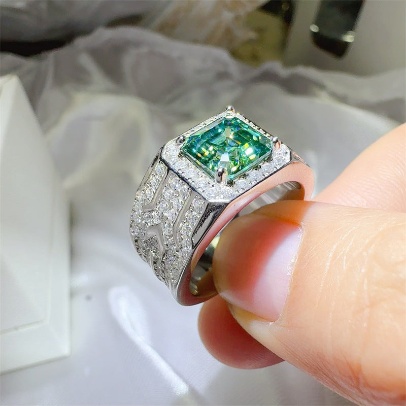 Green VVS1 Moissanite Ring with Halo Frame, Emerald-Cut Statement Wedding Ring product image