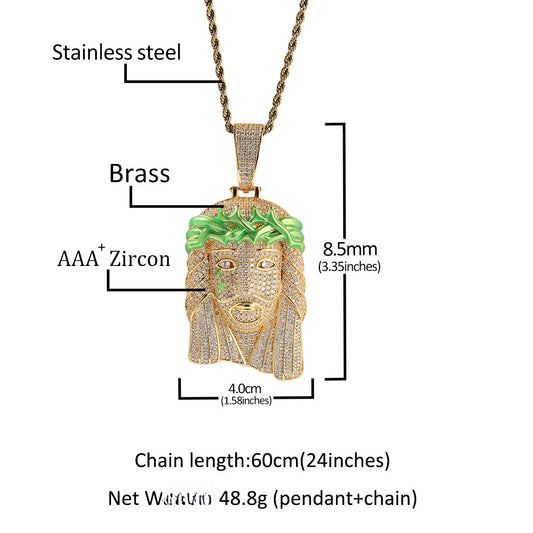 Iced Out Jesus Head Pendant Necklace for Men, Gold Tone Copper Chain with Cubic Zirconia Hip Hop Statement Pendant, 24 Inch Rope Chain