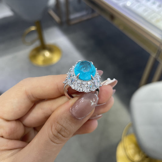 Lake Blue Oval Halo Ring for Women, 12-16mm Center Stone, S925 Silver Gold-Plated Ring alternate product image