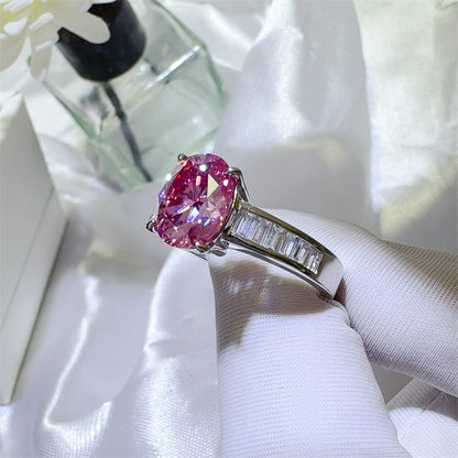 3 Carat Pink Moissanite Ring for Women, Oval Halo-Style Engagement Ring with Side Stone Band
