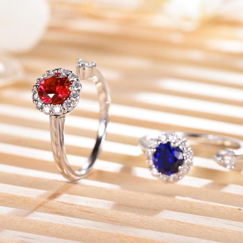 Open Halo Moissanite Ring with Round Blue or Red Center Stone, Adjustable Wrap Ring for Women product image