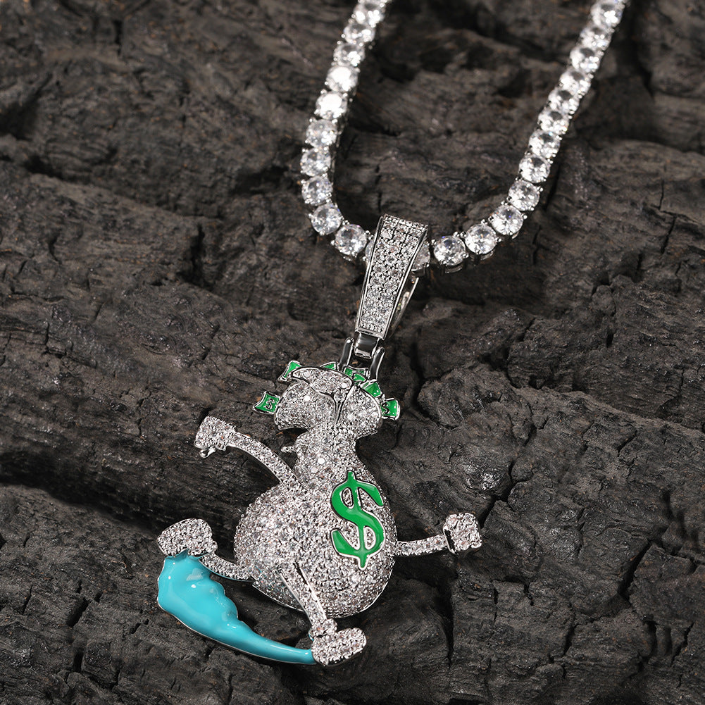 Men’s Cartoon Money Bag Pendant Necklace with Cubic Zirconia Twisted Chain - Gold Plated or Silver Plated Hip Hop Statement Jewelry
