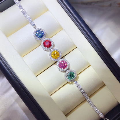 5 Carat Colored Moissanite Tennis Bracelet with Halo Round Stones for Evening, Wedding & Dressy Wear