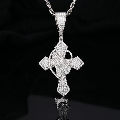 Iced Out Moissanite Cross Pendant Necklace in 925 Silver with Rope Chain
