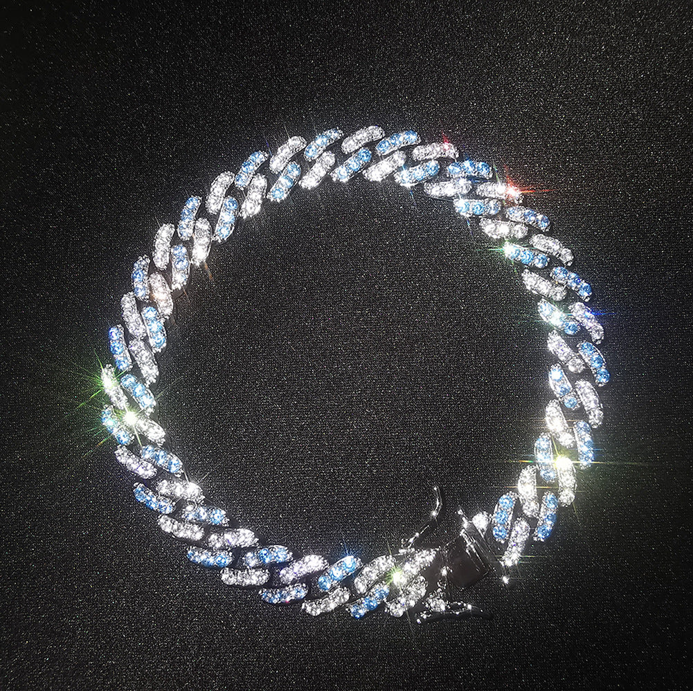 Iced Out Blue Cubic Zirconia Cuban Link Bracelet and Necklace Set for Women & Men
