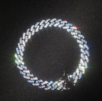 Iced Out Blue Cubic Zirconia Cuban Link Bracelet and Necklace Set for Women & Men