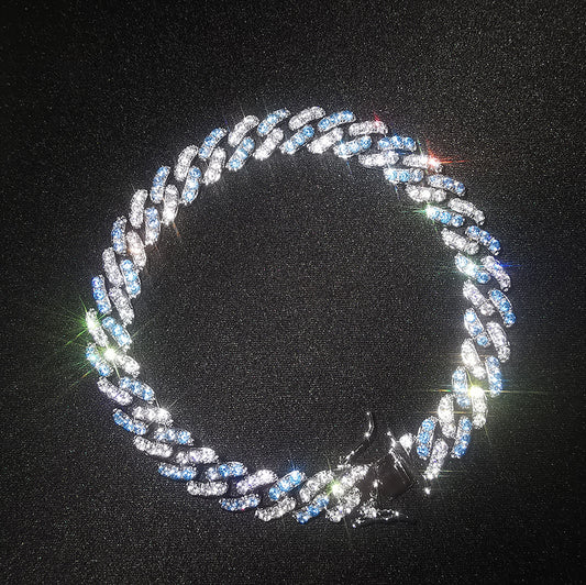 Iced Out Blue Cubic Zirconia Cuban Link Bracelet and Necklace Set for Women & Men