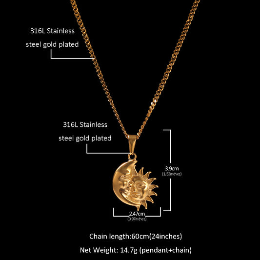 Gold Plated Stainless Steel Sun Moon Pendant Necklace with Cuban Chain, Statement Celestial Jewelry for Women