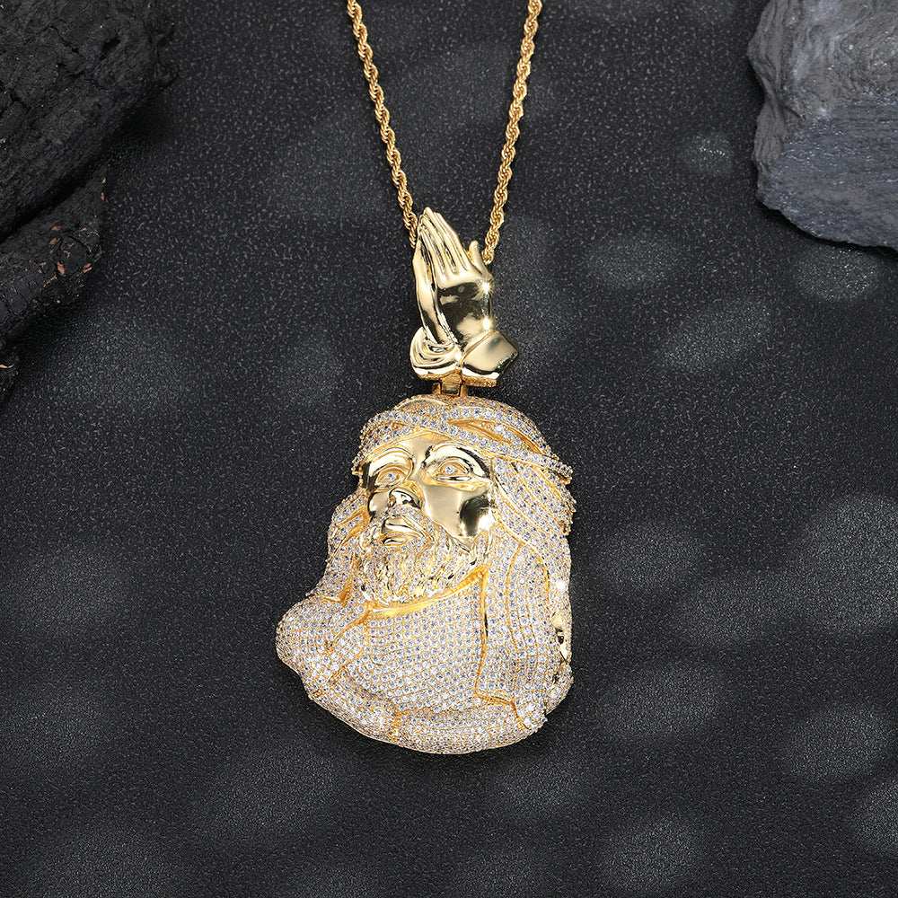 Men's Hip Hop Jesus Pendant Necklace with Praying Hands and Zircon Detail