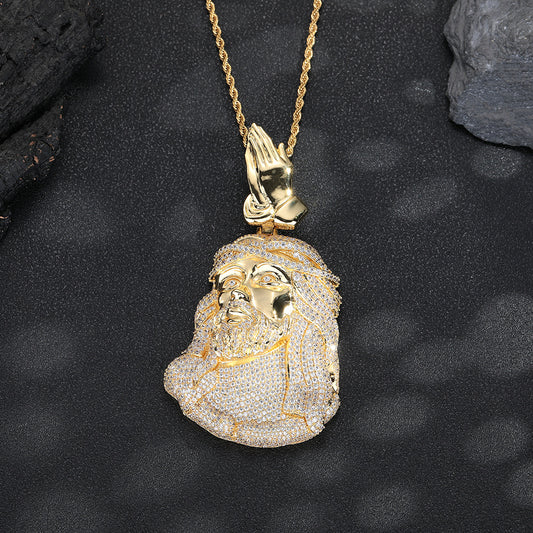 Men's Hip Hop Jesus Pendant Necklace with Praying Hands and Zircon Detail