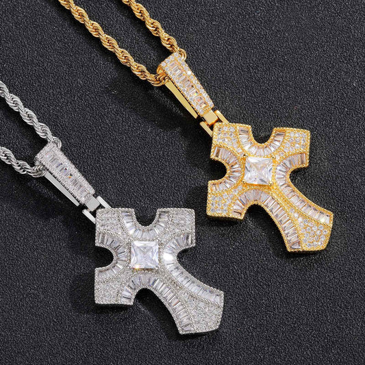 Vintage Light Luxury Cross Square Cubic Zirconia Pendant Necklace for Men and Women