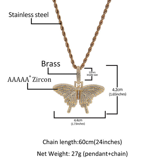 Iced Butterfly Pendant Necklace with Twist Chain – Hip Hop Statement Cubic Zirconia Necklace for Women