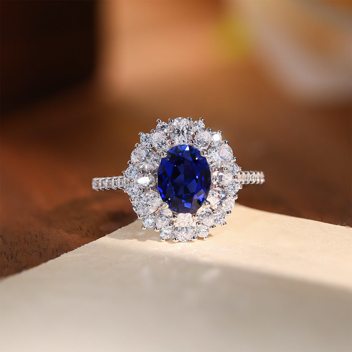 Blue Sapphire Oval Halo Jewelry Set, Necklace Earrings Ring, Silver-Tone product image